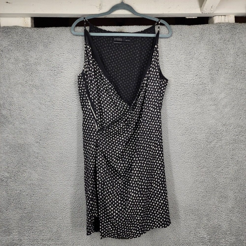 ALLSAINTS Alize K Crush Dress Size 10 Black‎ White Floral Print Silk Wrap Midi